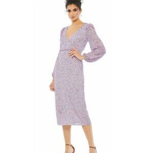 Mac Duggal Lavender Illusion Puff Sleeve V Neck Midi Dress Size 12 New NWT
